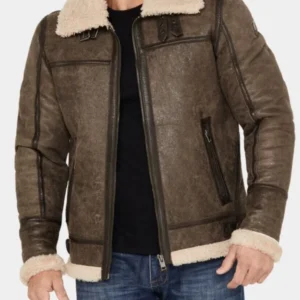 Mens Brown Leather Shearling Aviator Jacket