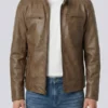 Mens Camel Brown Leather Cafe Racer Jacket