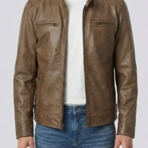 Mens Camel Brown Leather Cafe Racer Jacket