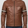 Mens Cognac Racer With Stripes Brown Leather Jacket