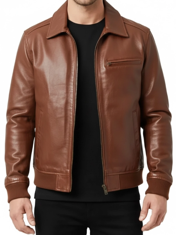 Mens Zanvek Brown Leather Bomber Jacket