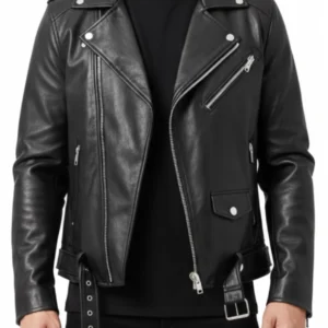 Rustline Black Leather Biker Jacket