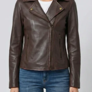 Womens Dark Brown Asymmetrical Leather Biker Jacket