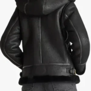 Black Shearling Hooded Leather Jacket For Women