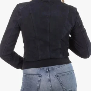 Blue Suede Bomber Jacket For Women