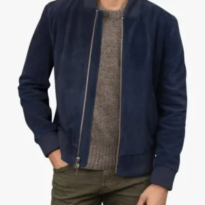 Mens Blue Suede Bomber Jacket