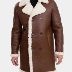 Mens Dark Brown Leather Double Breasted Shearling Coat