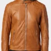 Mens Hooded Tan Leather Biker Jacket