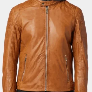 Mens Hooded Tan Leather Biker Jacket