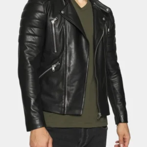 Mens Padded Shoulder Black Biker Leather Jacket