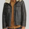 Mens Shearling Hooded Black Leather Aviator Jacket