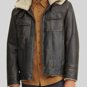 Mens Shearling Hooded Black Leather Aviator Jacket