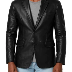 Mens Two Button Black Leather Blazer