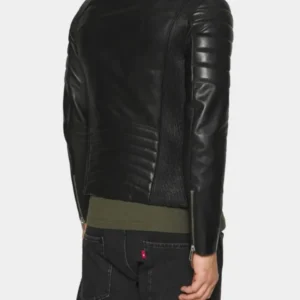 Padded Shoulder Black Biker Leather Jacket For Men