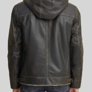 Shearling Hooded Black Leather Aviator Jacket For Men