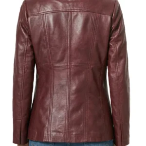 Three Button Real Leather Burgundy Blazer For Women