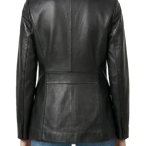 Two Button Real Leather Black Blazer For Women