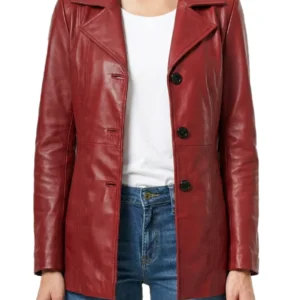 Women Real Leather Red Blazer