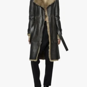 Womens Belted Shearling Leather Trench Coat