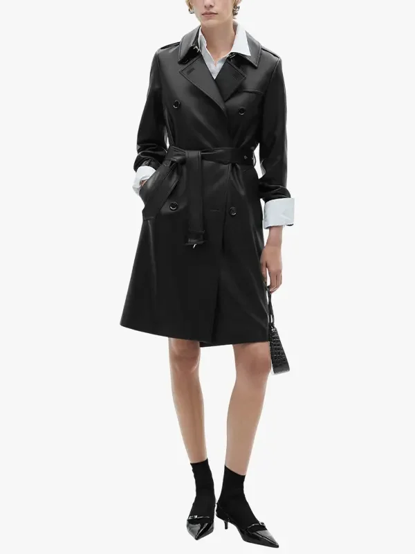 Womens Black Leather Trench Coat