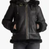 Womens Black Shearling Hooded Leather Jacket