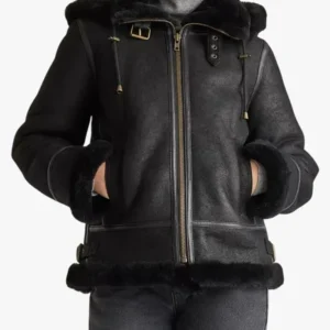 Womens Black Shearling Hooded Leather Jacket