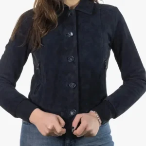 Womens Blue Suede Bomber Jacket