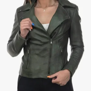 Womens Green Leather Biker Jacket