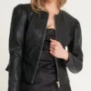 Womens Puff Sleeve Black Leather Jacket