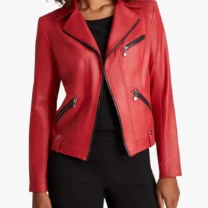 Womens Red Leather Biker Jacket
