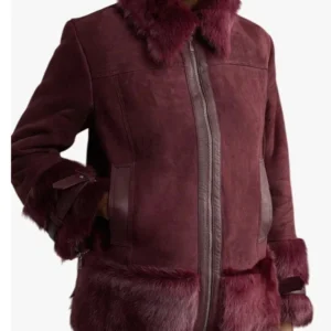 Womens Shearling Collar Burgundy Coat