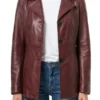 Womens Three Button Real Leather Burgundy Blazer