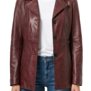 Womens Three Button Real Leather Burgundy Blazer