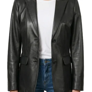 Womens Two Button Real Leather Black Blazer