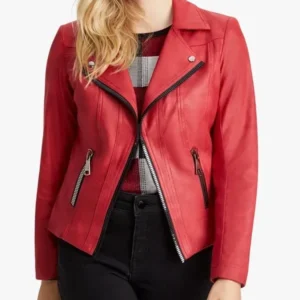 Womens Zipper Trim Biker Red Leather Jacket