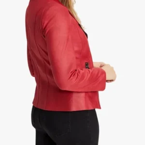 Zipper Trim Biker Red Leather Jacket For Women