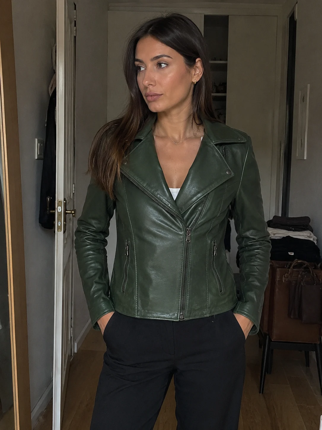 Green Women Leather Biker Jacket