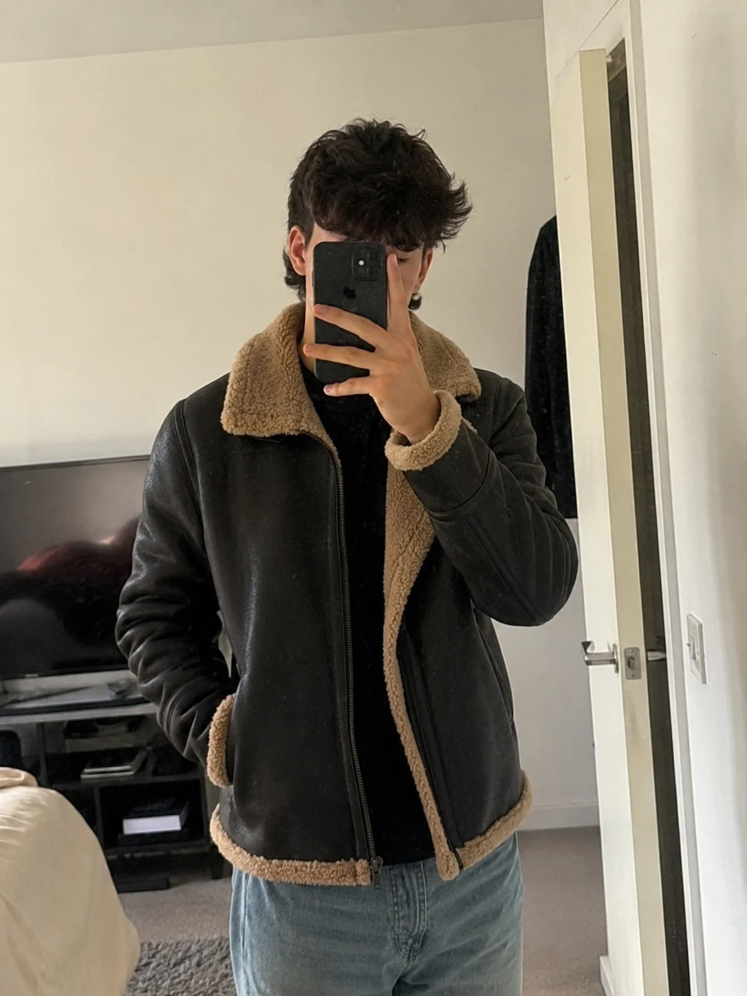 Men Shearling Leather Dark Brown Jacket