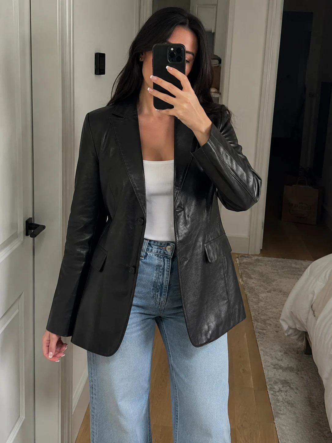 Women Real Leather Two Button Black Blazer